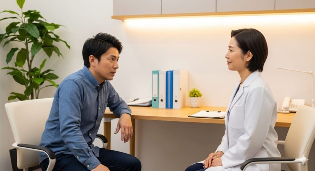 腰椎すべり症に関する疑問や不安について、専門家に相談している様子の画像
