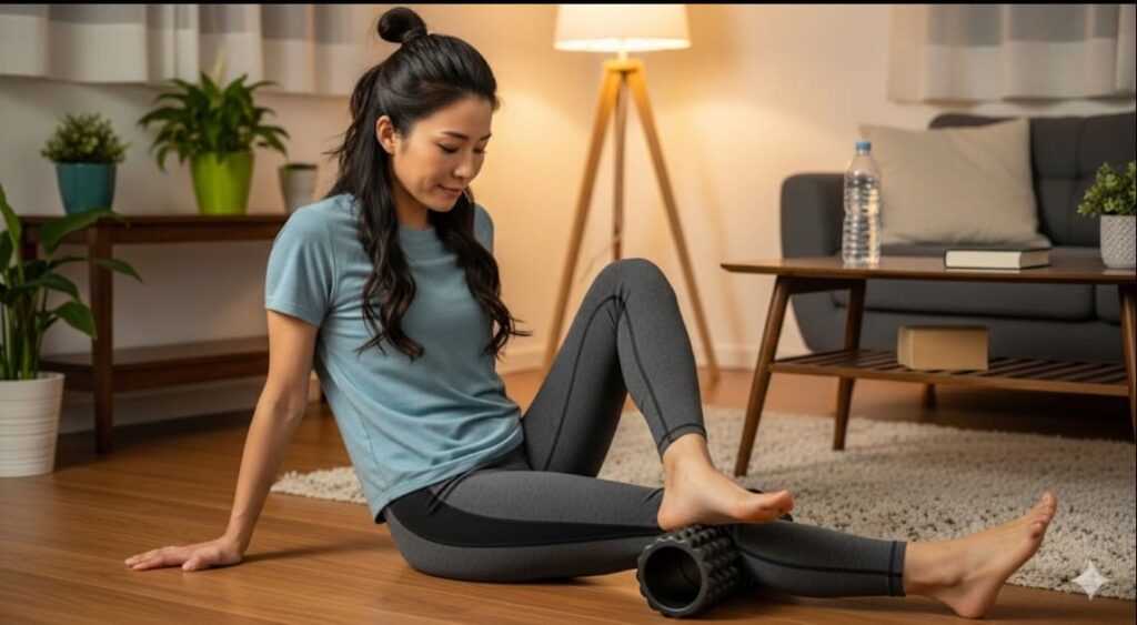 運動を継続するために、ストレッチポールで体のコンディショニングを行う女性。
