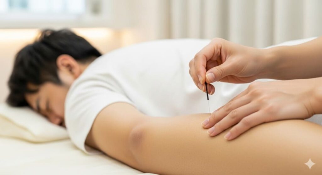 運動後のコンディショニングとして、鍼治療を受けている様子。