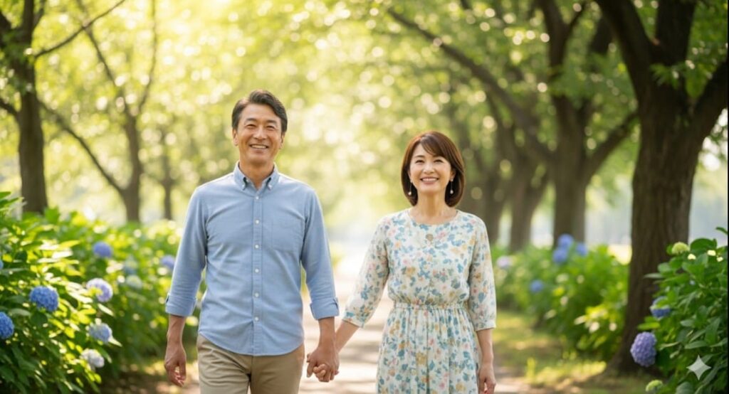 がん予防の運動を習慣にし、健康的な未来へと歩む日本人夫婦。
