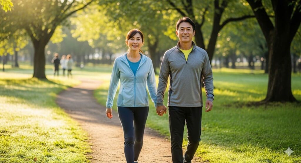 がん予防のために、希望に満ちた表情で一緒にウォーキングをする日本人夫婦。
