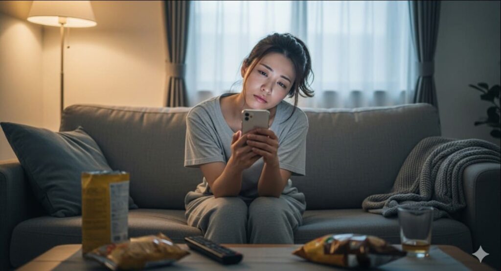 夜更かし、スマホ、運動不足の生活が、がんのリスクを高めることを示唆する画像。