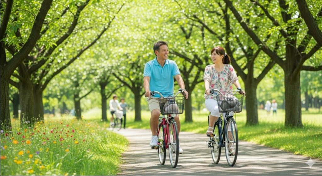 がん予防に効果的な有酸素運動として、公園でサイクリングを楽しむ日本人夫婦。