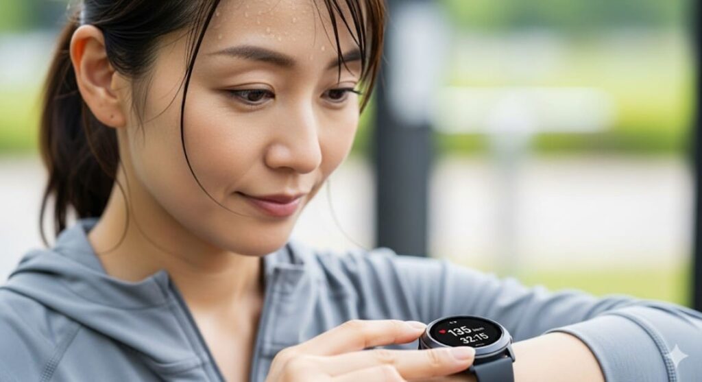 がん予防の運動を、活動量計で自分の体の状態を確認しながら、賢く運動する日本人女性。