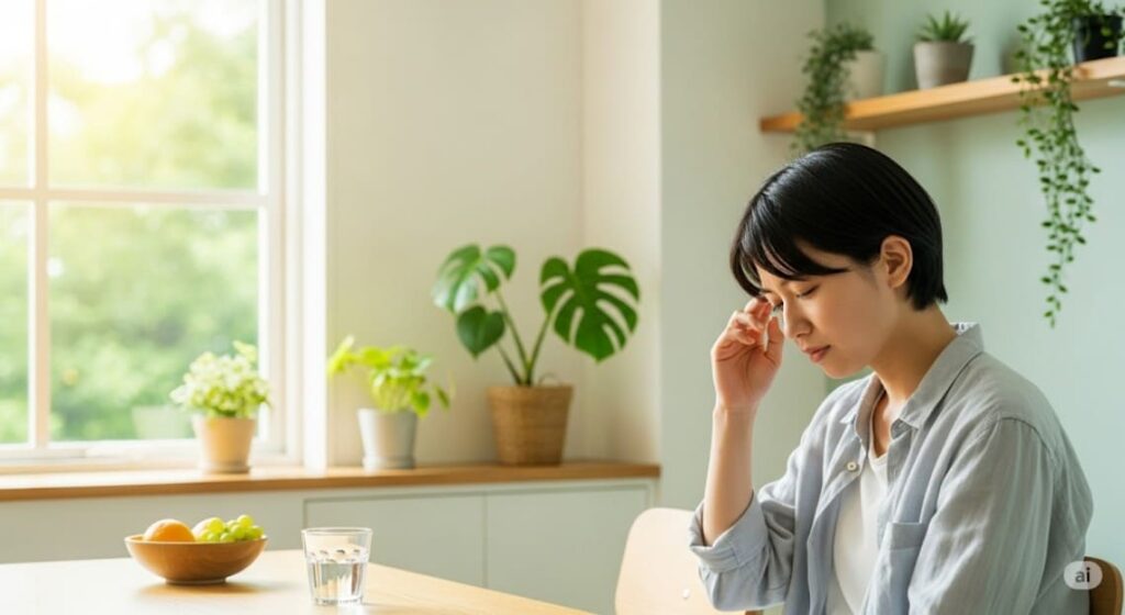 夏の明るい部屋で、少し体調が悪そうな日本人。