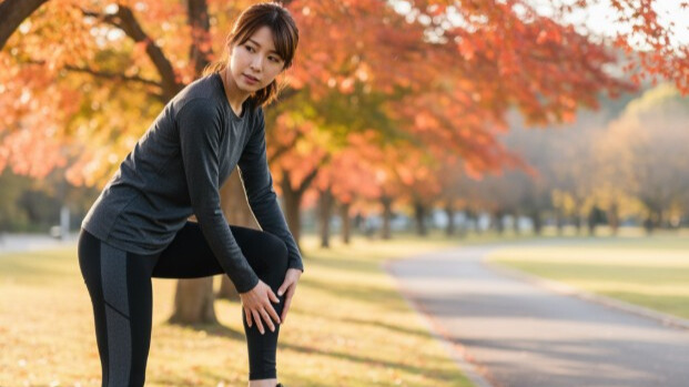運動を始める前に、公園で準備運動をする女性。