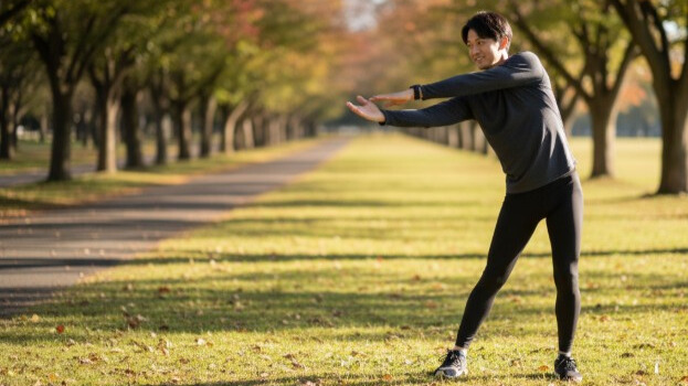 運動前に、怪我予防のための動的ストレッチとして腕を回す日本人男性。