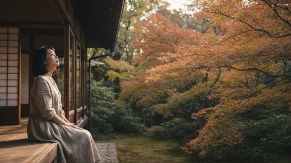 秋の気配を感じながら、夏の疲れについて物思いにふける日本人女性。