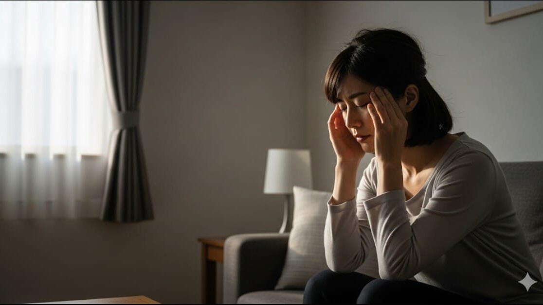 寝不足による頭痛で、こめかみを押さえる女性。