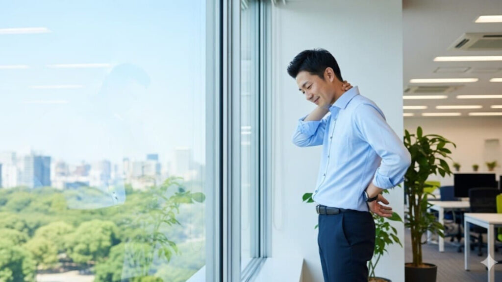 頭が重い頭痛を解消するために、オフィスで首のストレッチをする男性。