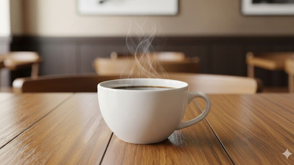 寝不足による頭痛とコーヒーの関係を示す、一杯のコーヒー。
