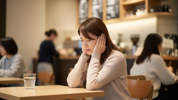 カフェの騒音に耐えかね、耳を塞ぐ女性。