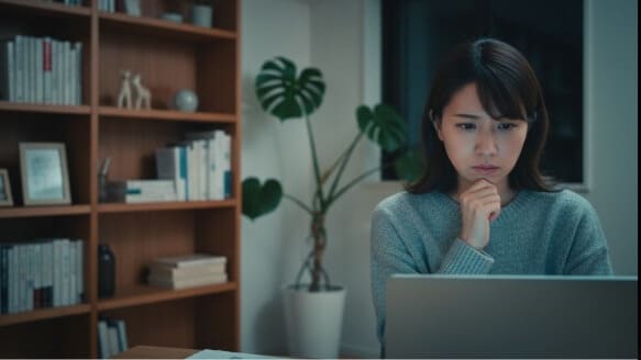 パソコンで自身の症状について調べ、不安な表情を浮かべる女性。