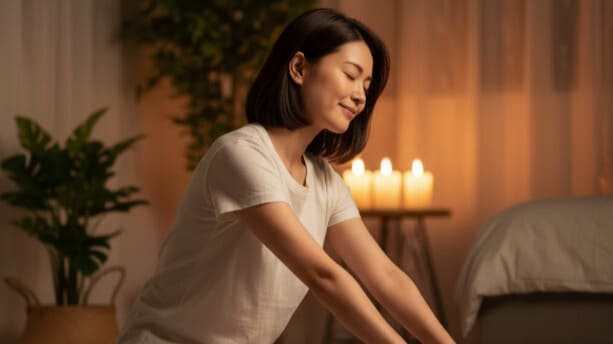 ヨガやストレッチで、生理前のイライラを和らげる女性。