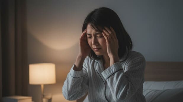 生理前の耳鳴りで、眠れずに悩む女性。