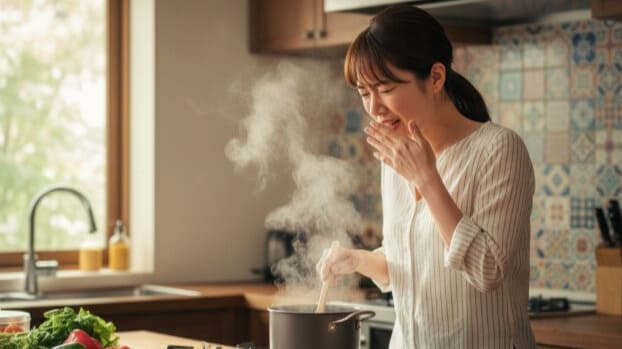 料理中の匂いで、気分が悪くなってしまった女性。