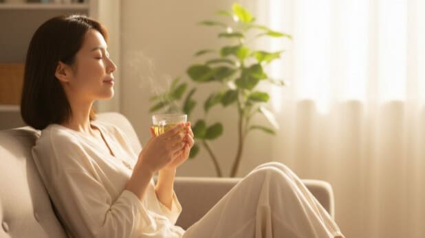 ハーブティーを飲んでリラックスし、心のセルフケアをする女性。