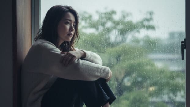 生理前、理由もなく気分が落ち込み、物思いにふける女性。