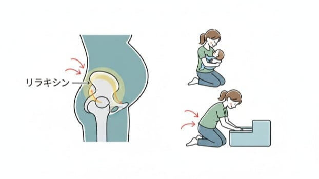 産後の腰痛の主な原因である、ホルモンの影響と骨盤の不安定さを示すイラスト。