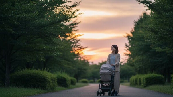 産後の腰痛が改善し、赤ちゃんと一緒に穏やかな夕暮れの公園を散歩する女性。