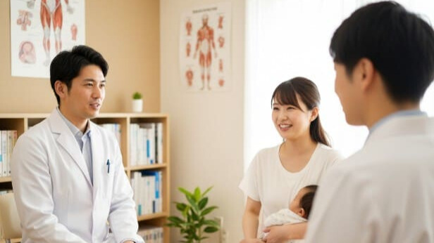 夫婦で産後の腰痛に関する疑問や不安について、専門家に相談している様子