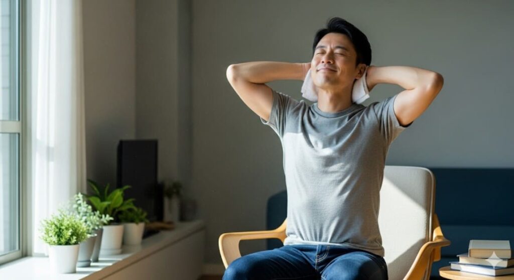 自宅でタオルを使い、緊張型頭痛のセルフケアとして首のストレッチを行う日本人男性。