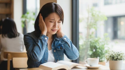 カフェで突然の音に苦しみ、耳を塞ぐ女性。