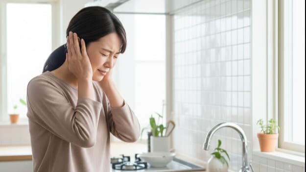 食器の音に耐えかね、キッチンで耳を塞ぐ女性。