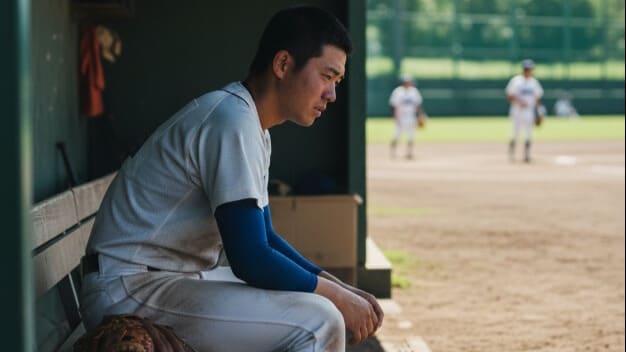 試合に出られず、ベンチで悔しそうな表情を浮かべる野球選手。