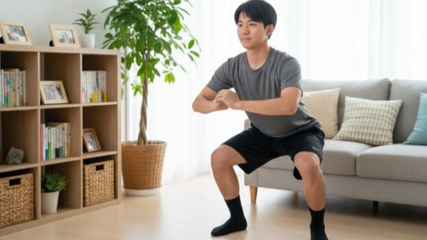自宅でできるセルフケアとして、スクワットに取り組む起立性調節障害の学生。