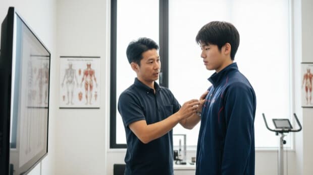 専門家による姿勢分析を受け、パフォーマンス低下の原因を探るスポーツ選手。