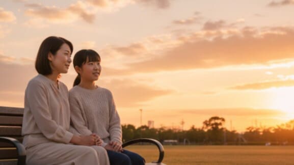 起立性調節障害を乗り越え、親子で未来を見つめる希望のイメージ。