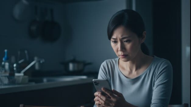 スマートフォンで起立性調節障害について調べ、心を痛める母親。