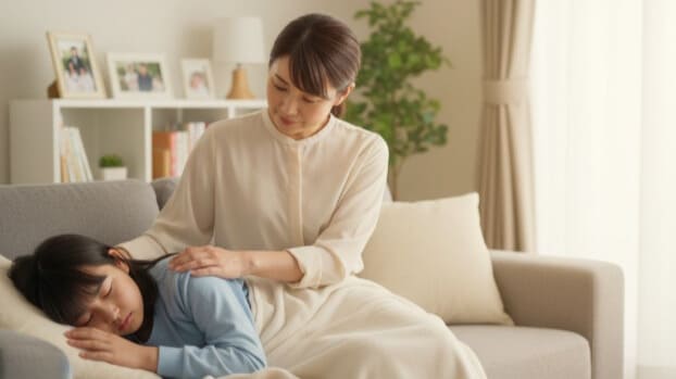 起立性調節障害の子供に、優しく寄り添う母親。