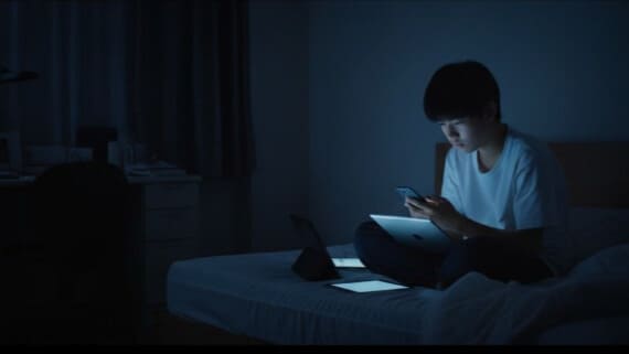 夜更かしやスマートフォンの影響など、「気づかない」現代社会のストレスを象徴する画像。