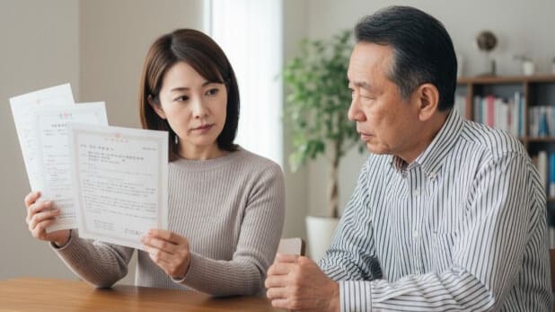 家族に、起立性調節障害についての客観的な資料を見せて説明する母親。