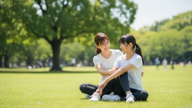 薬に頼らない治し方として、親子で一緒にセルフケアに取り組む親子の画像