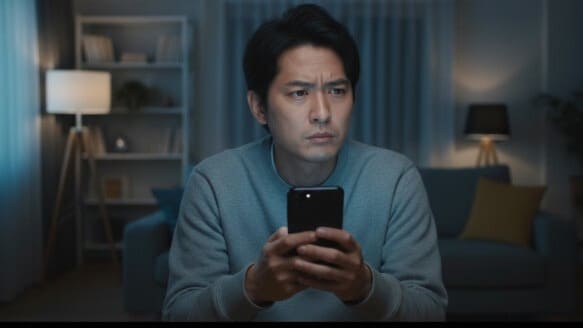 スマートフォンで逆流性食道炎と牛乳について調べ、困惑している男性。