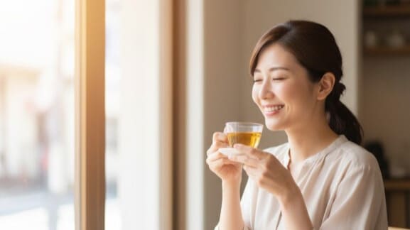 逆流性食道炎の悩みから解放され、カフェでハーブティーを心から楽しんでいる女性。