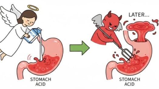 牛乳が一時的に胃酸を中和するが、後に胃酸分泌を促してしまう仕組みのイメージ