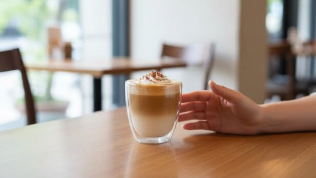 逆流性食道炎によくないと知り、カフェオレを飲むのをためらっている様子。
