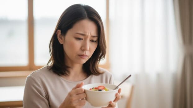 市販の加糖ヨーグルトを前に、食べて良いか悩んでいる逆流性食道炎の女性。