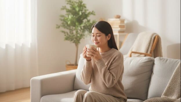 逆流性食道炎の症状に配慮し、適切なタイミングで温かい牛乳を飲む女性。