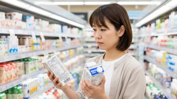 逆流性食道炎の対策として、スーパーで、普通の牛乳と低脂肪乳を比較検討している女性。