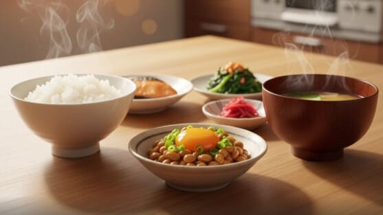 逆流性食道炎におすすめの、納豆を中心としたバランスの良い和朝食。