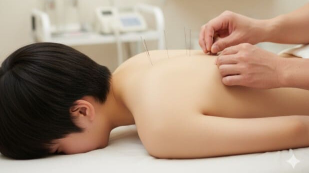 起立性調節障害の体質改善として、背中の自律神経を整える鍼治療を受けている様子。