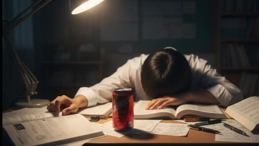 カフェインに頼った結果、机で力尽きてしまった学生。