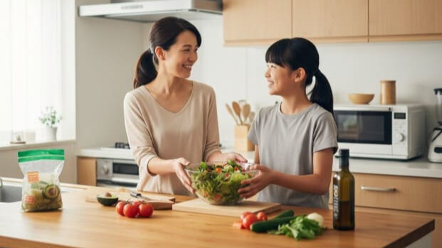 食事改善について、親子で一緒に楽しく取り組んでいる様子。