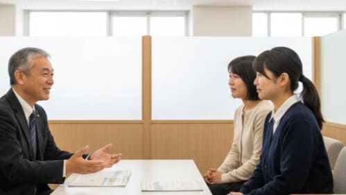  私立高校の個別相談会で、親身に話を聞く教師と、安心した表情の親子。