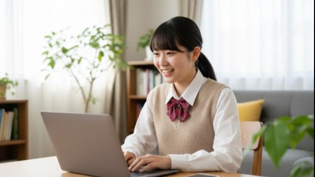 通信制高校のオンライン授業を、自宅で生き生きと受ける高校生。